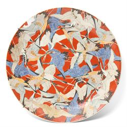 Large Japanese charger profusely decorated with cranes, six character mark in underglaze b...