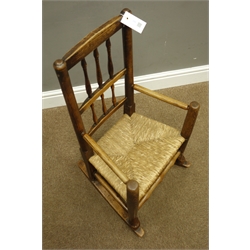  19th century country elm child's rocking chair with rush seat  