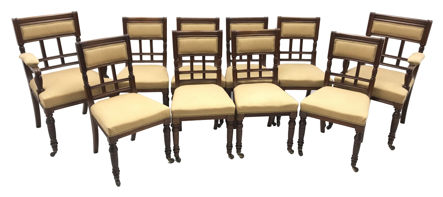 Set ten (8+2) late Victorian walnut dining chairs, moulded frames