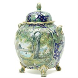 Pair of Keeling & Co Losol  ware lustre vases and covers of square spreading form decorated with flowers H33cm, a matching baluster vase and a lustre jar and cover decorated with landscape panels
