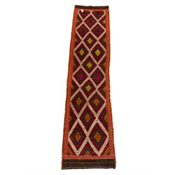 Old Suzni Kilim dark indigo ground runner rug, field decorated with all over geometric lozenge design