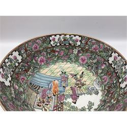 Chinese Famille Rose bowl, decorated with panels of figures in garden scenes, against a ground decorated with blossoming flowers, with character seal mark beneath, D31cm