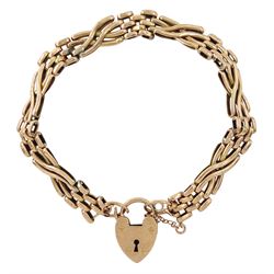 9ct rose gold four bar crossover gate bracelet, with heart locket clasp, hallmarked