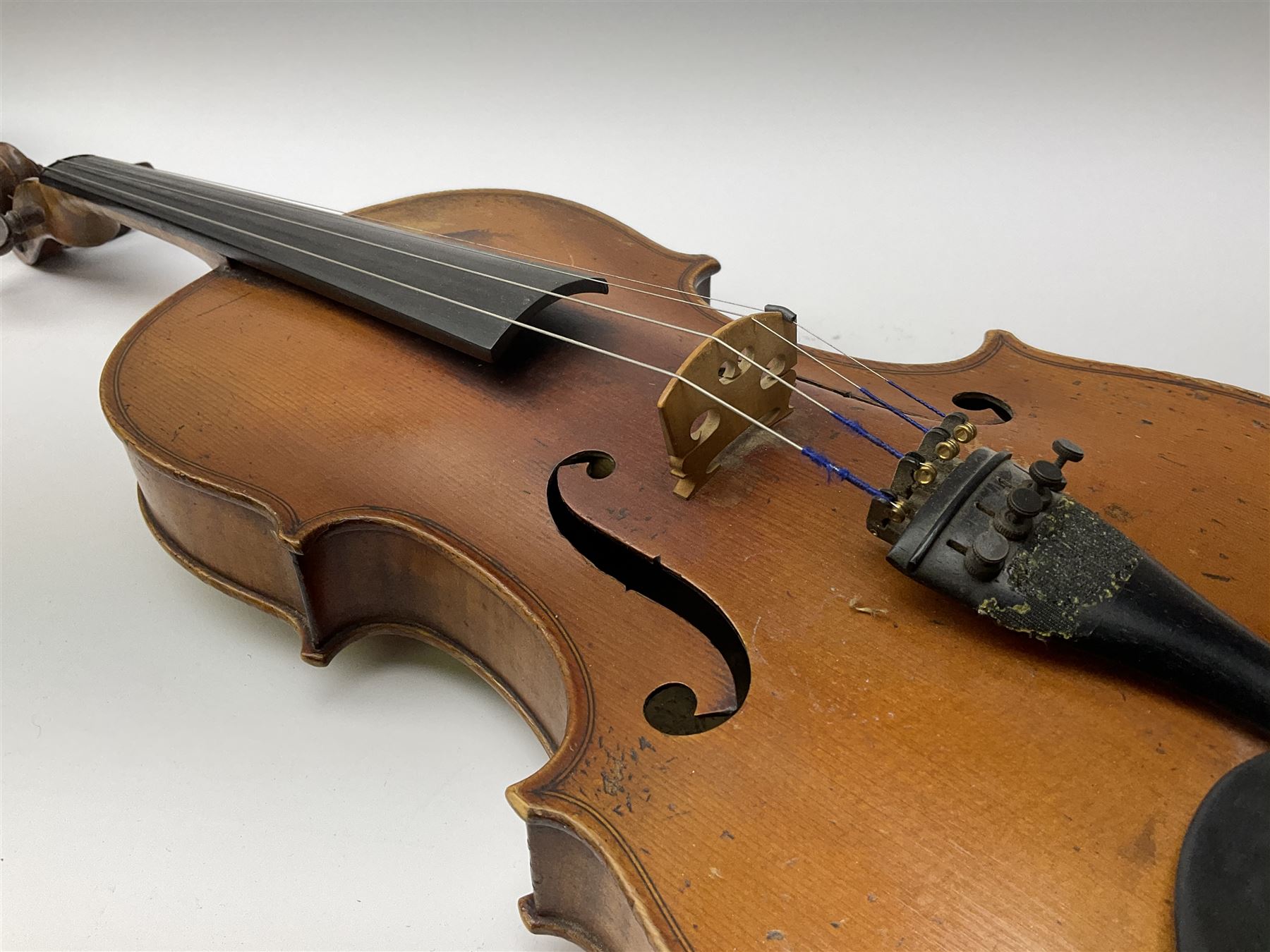 French Mirecourt violin c1920s with 36cm one-piece maple back and ribs and spruce top, labelled Jermone Thibouville-Lamy, L59cm, in fitted carrying case with German bow and 1984 valuation certificate by Frome Valley Music