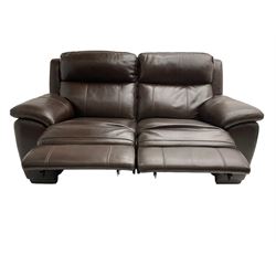 DFS - 'Cornell' two seat electric recliner sofa, upholstered in chocolate leather, button controlled with USB 