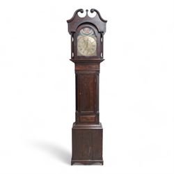 Blackett Wallace (I) of Brampton (Cumberland) -  30 hour oak and mahogany longcase c1760, with a swan neck pediment, shaped back splats, detached pilasters and a break arch hood door, trunk with canted corners and a flat topped door with a sunken panel, rectangular plinth with a decorative base, square brass dial with an added automata representing a blinking cherub to the arch, engraved dial centre and date aperture, silvered chapter with Roman numerals, five minute Arabic's, minute track and matching steel hands, with a chain driven countwheel movement, striking the hours on a bell. With weight and Pendulum.
The Wallace family  (I) & (II) were father and son clockmakers both sharing the same unusual Christian  name. Working in Brampton during the 18th century, primarily making oak cased 30-hr clocks such as this interesting example.