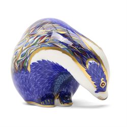 Royal Crow Derby paperweight Buxton Badger limited edition 51/500 with gold stopper and certificate and another Robin with silver stopper