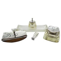 Early 20th century Austro Hungarian silver mounted glass five piece desk set, comprising tray, inkwell, brush pot, blotter and seal, each engraved with monogram, marked with Diana head 900 finesse mark, and G.A.S. for Georg Adam Scheid of Vienna, tray L23.5cm 