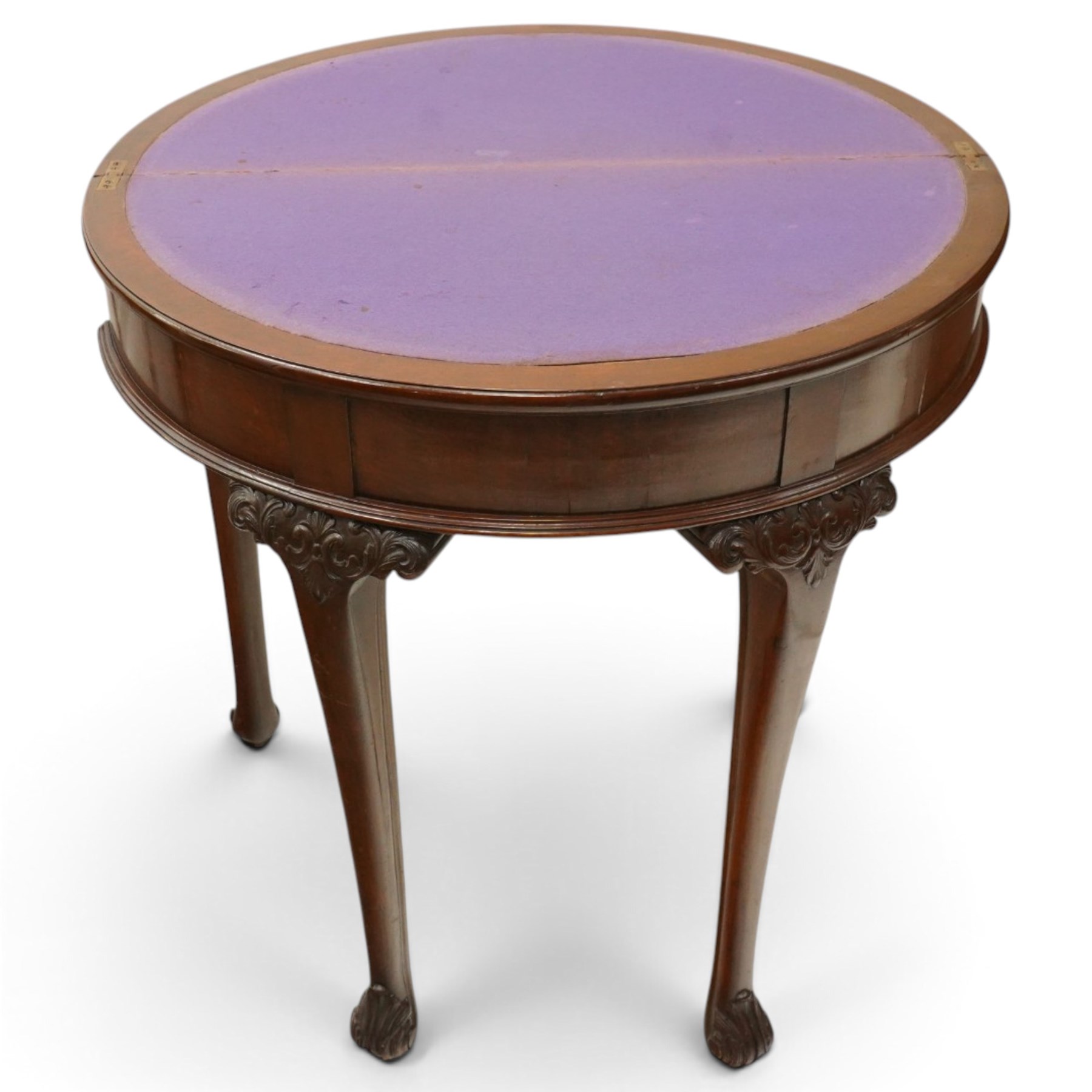 Pair of Victorian mahogany demi-lune card tables, the lunette shaped fold-over top enclosing purple-baize lined interior and supported by gate-leg action, banded frieze over cabriole supports with scrolling acanthus leaf knees, terminating to scrolled foliate feet