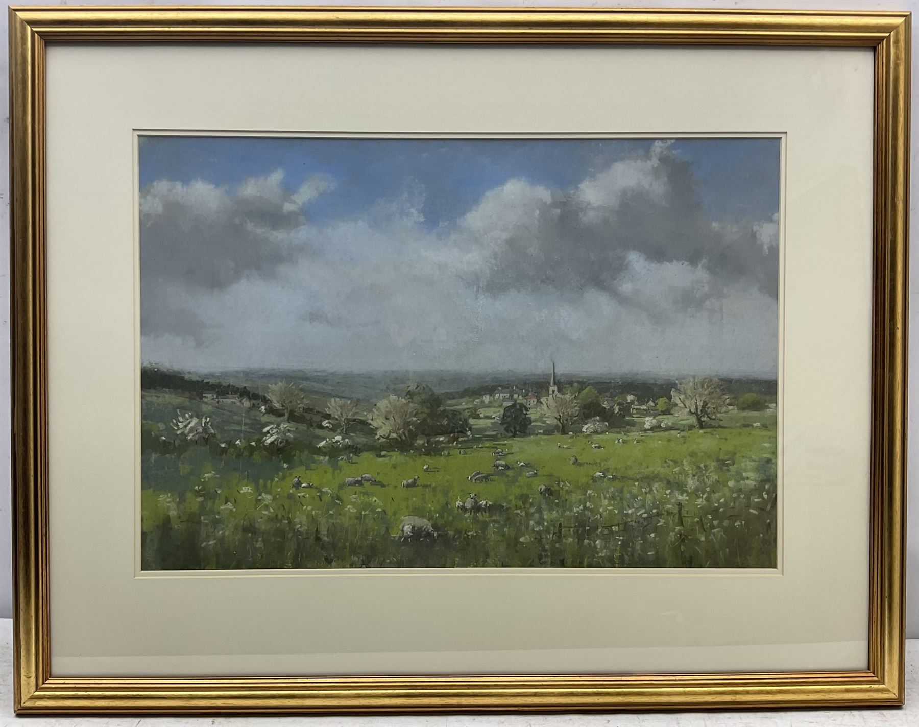 Angus Rands (British 1922-1985): Sheep Grazing in Pastoral Landscape, pastel unsigned 41cm x 60cm
Provenance: private collection purchased from T B & R Jordan, Stockton on Tees