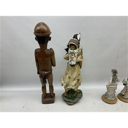 Thai stone pestle and mortar, carved wood figure, other composite figures etc