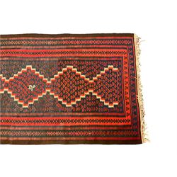 Turkish Kilim indigo ground runner rug, field with four connected lozenges with red and ivory borders, multi-band border decorated with repeating geometric patterns