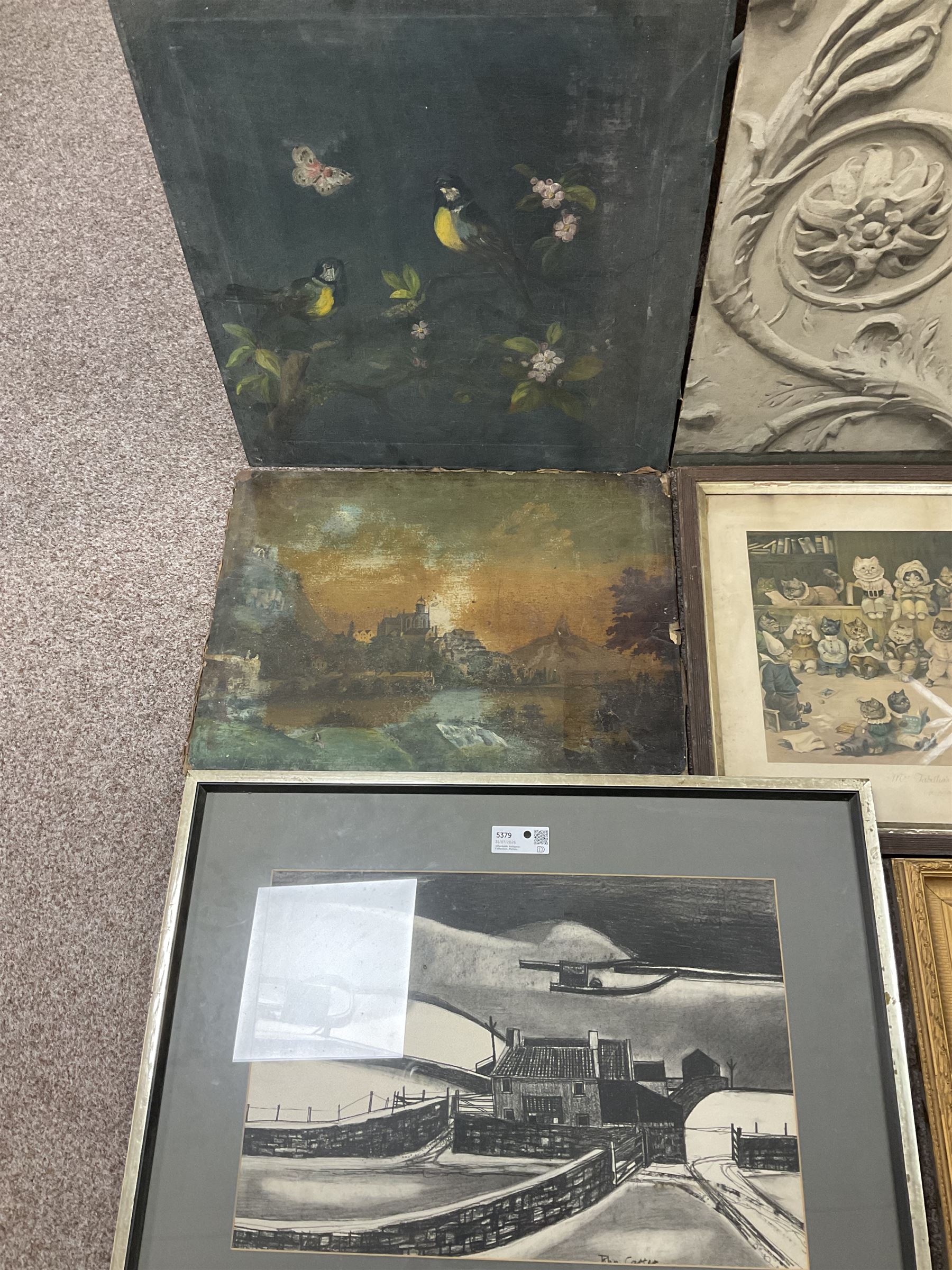 Collection of pictures to include John Carter (Northern British 1931-2007): 'Swaledale Farm - Winter', charcoal drawing; After Louis Wain (British 1860-1939): Mrs Tabitha's Cats' Academy', coloured print and J D Walker (British late 19th century): Carved Stone Detail of a Church, oil on board, variously signed titled and framed max 75cm x 56cm (8)