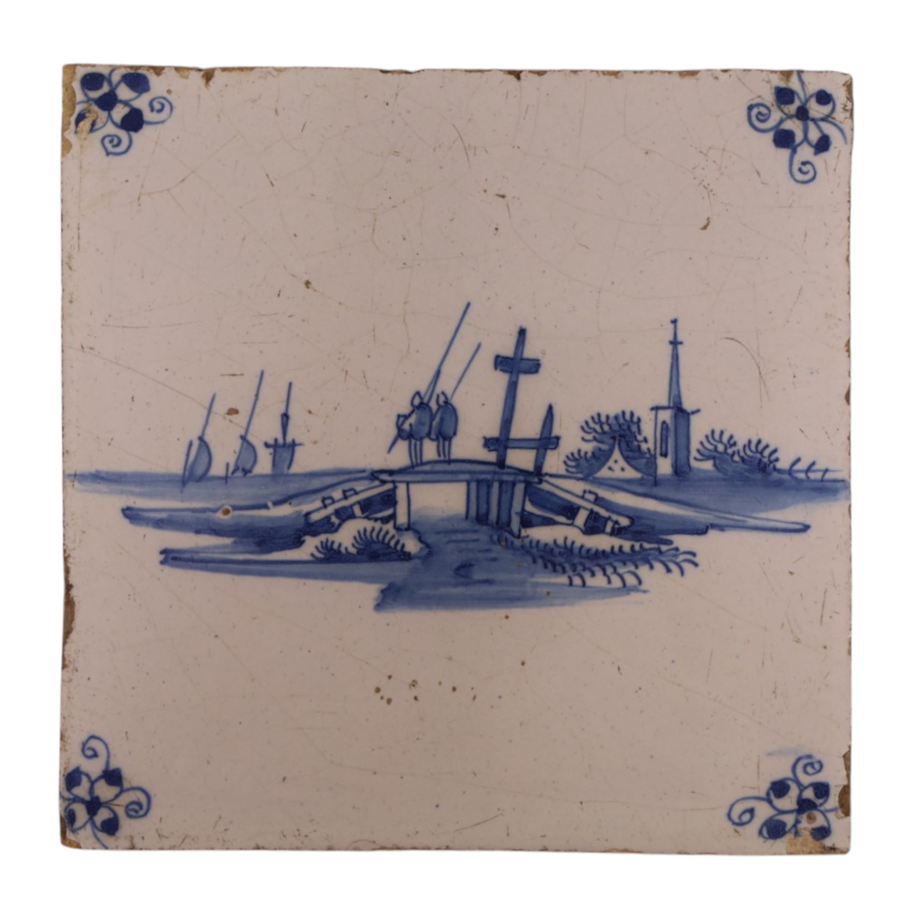 Three 18th century and later blue and white Delft tiles, 13cm x 13cm