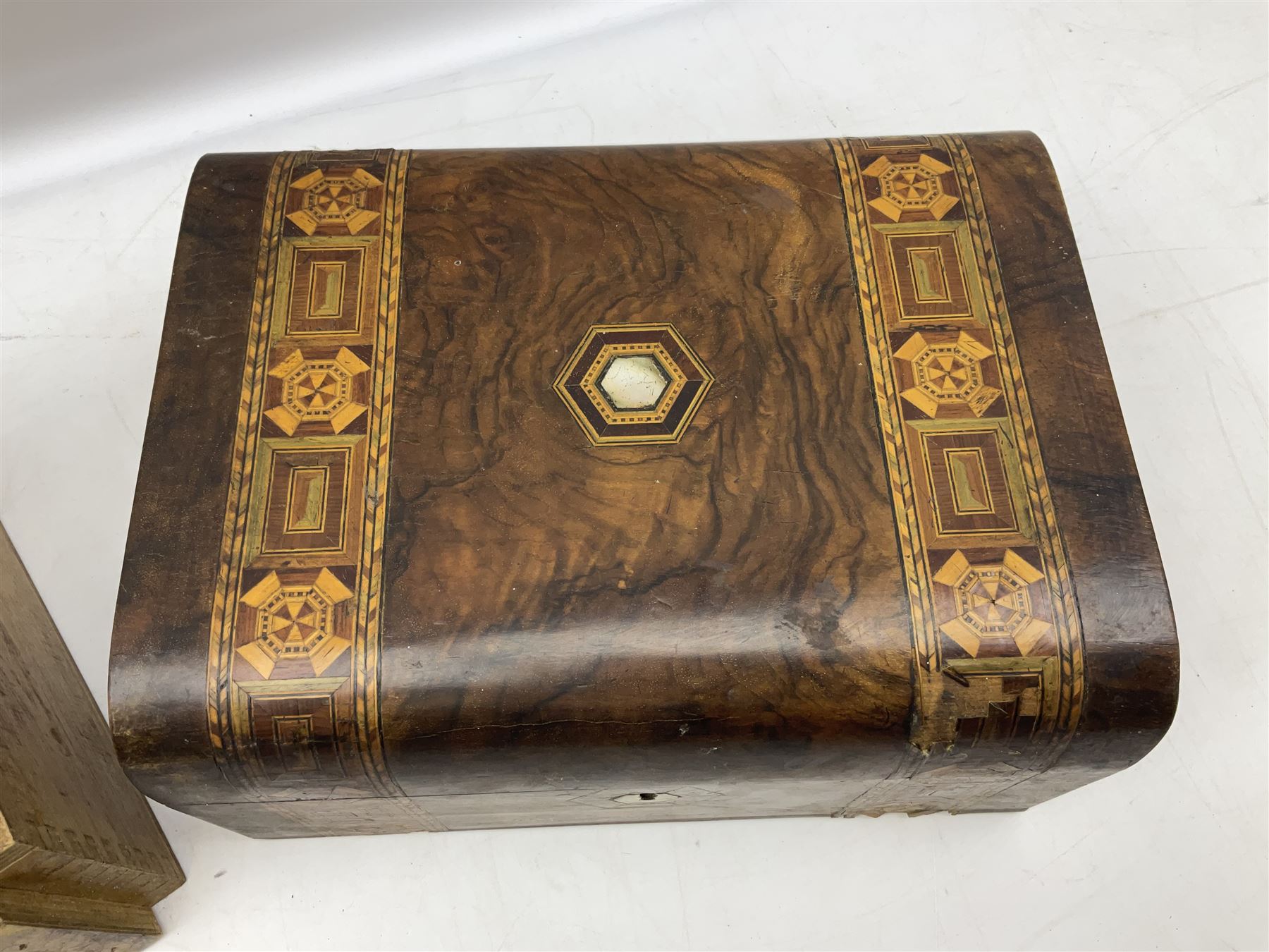 Victorian walnut box with Tunbridge ware banding and mother-of-pearl inlay, W29.5cm H14cm, together with first aid kit box and Group of early 20th century ornate gold plated (tested) and gilt brooch frames and panel fronts