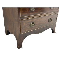 Georgian design inlaid mahogany chest, fitted with two short and three long cock-beaded drawers, oval pressed brass plates decorated with urns and with foliage garland handles, on splayed bracket feet