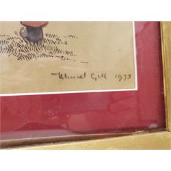 Muriel Gill (British mid 20th century): In the Training Paddock, watercolour and ink signed and dated 1973, 41cm x 65cm