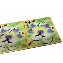 Three Brown Westhead & Moore eight inch dust pressed tiles each printed with a different transfer print on a white ground together with three six inch dust pressed tiles with moulded floral decoration. 