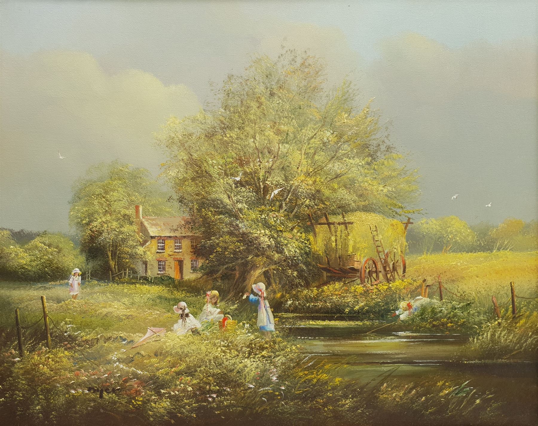 Edward 'Ted' Dyer (British 1940-): Children Playing by the River, oil on canvas signed 39cm x 49cm