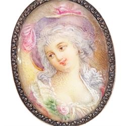 19th/ early 20th century French portrait brooch, set with an oval miniature of a woman on ivory and a 9ct gold cameo pendant. This lot has been registered for sale under Section 10 of the APHA Ivory Act