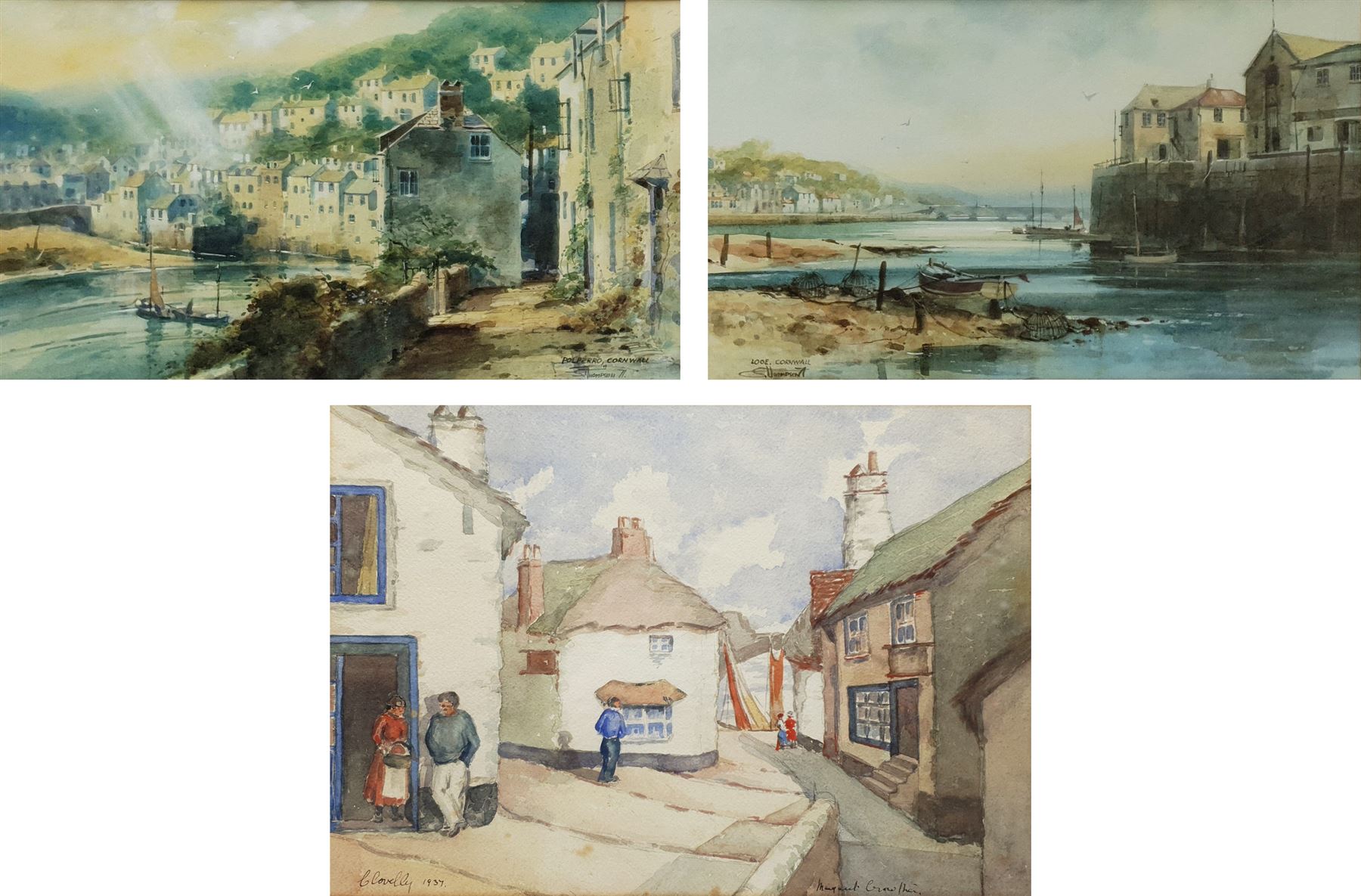S Thompson (British 20th century): 'Polperro' and 'Looe' Cornwall, pair watercolours signed titled and dated '71, 22cm x 38cm; Margaret Crowther (British early 20th century): 'Clovelly', watercolour signed titled and dated 1937 32cm x 45cm (3)