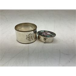 French silver plated wine taster of typical form, stamped, together with a silver plated napkin ring, and an 'Alpaca Silver' pill box with mother of pearl detailed cover, (3)