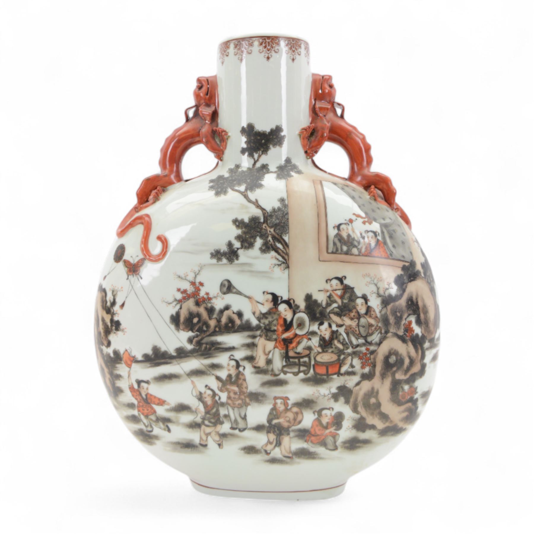 Chinese Republic period porcelain moon flask vase, of typical compressed spherical form, the neck and shoulders with applied iron red dragon handles, the body decorated in iron-red and grisaille with a 'one hundred children' design, depicting various children at play and engaged in musical pursuits within a garden setting, with apocryphal Qianlong mark beneath, H47cm
