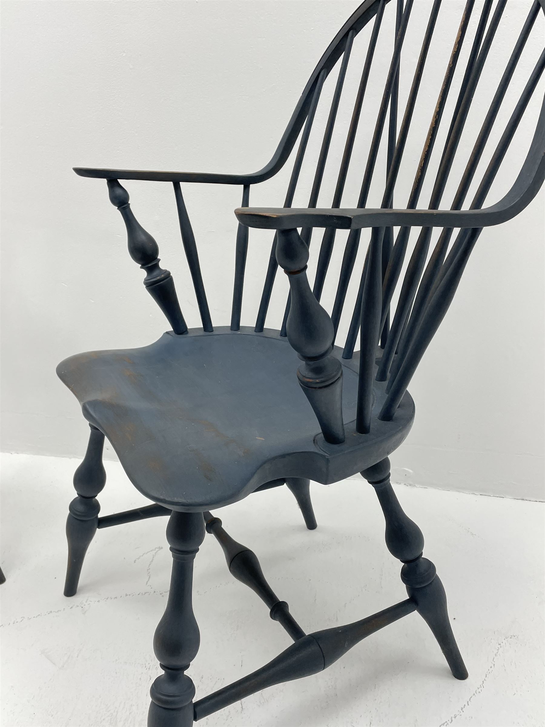 D.R. Dimes Furniture - set six American Windsor dining chairs, hoop and stick back on dished saddle seats, turned supports jointed by H stretchers, stamped underneath 'D.R.Dimes', two carvers and four side chairs