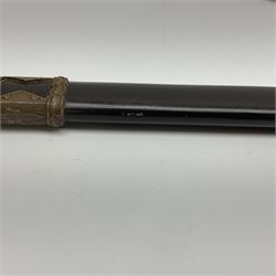 WW2 Japanese Army officer's shin gunto/katana sword with 68.5cm steel single edged blade, foliate cast brass tsuba, bound fish-skin grip with brass mounts, inscribed marks to both sides of tang; in lacquered wooden scabbard with brass mounts and locking button L97cm overall