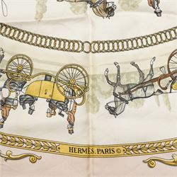 Hermes 'La Promenade de Longchamps' silk scarf in the cream pink and gold colourway, designed by Philippe Ledoux, 86cm x 86cm