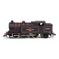 Three Hornby Dublo 00 gauge locomotives in black, comprising 2224 L.M.R 2-8-0 8F Locomotive and Tender no. 48073, 2218 2-6-4 Tank Locomotive no. 80033 and 2217 0-6-2 Tank Locomotive B.R. no. 69550, all boxed
