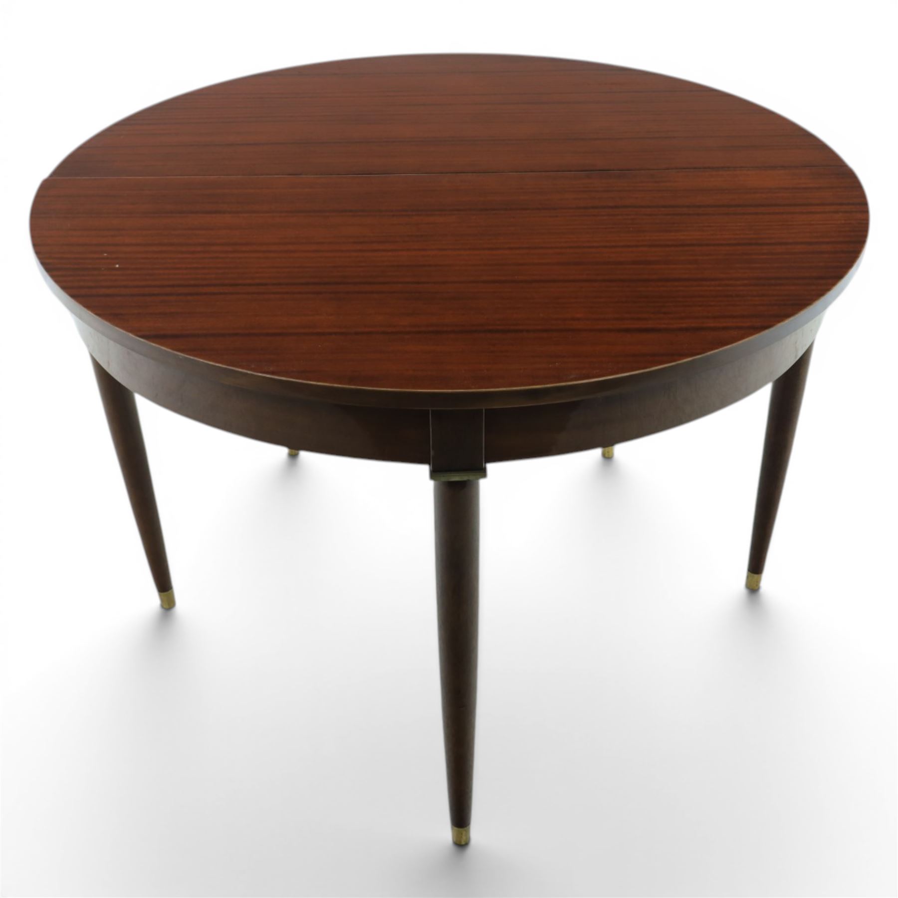 Regency design mahogany demi-lune console dining table, fold-over top extending to circular table, raised on round tapering legs
