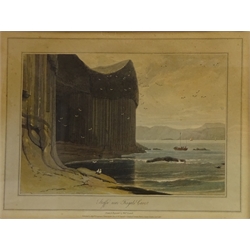  Light-house on Flambro'-head, Yorkshire' and 'Staffa near Finglas Cave', two colour aquatint's by William Daniell (British 1769-1837) pub.1817/22, 'Pier at Scarborough' and 'Robin Hood's Bay', two 19th century engravings, three others and two Seascape watercolours signed J. Boulais max 31cm x 41cm (10)  