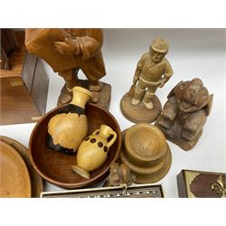 Quantity of treen to include Folk Art carved figures, turned wood nut bowl with ship's wheel nutcracker, inlaid box, plane, animal figures, boxes etc