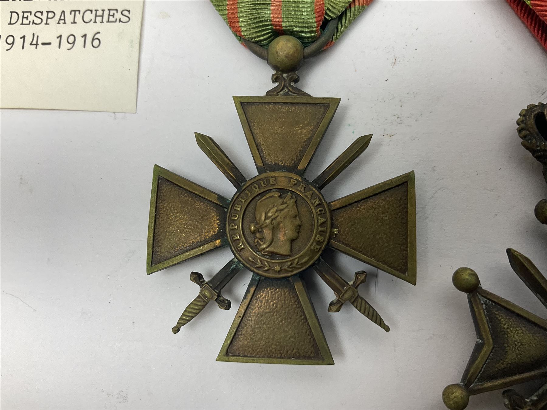 WWI French 1914-1916 Croix de Guerre with MID leaf and ribbon; and WWI Belgian 1914-1918 Croix de Guerre with ribbon (2)