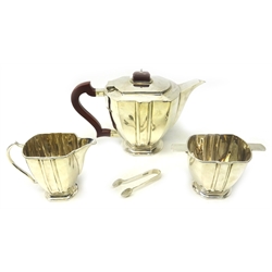  Art Deco three piece silver tea set by S Blanckensee & Son Ltd Chester 1937, and a pair of sugar tongs approx 30oz  