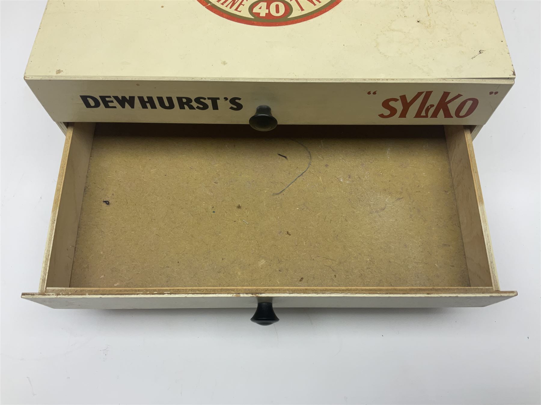Mid 20th century Dewhurst's 'Sylko' advertising counter top three drawer chest, H14.5cm