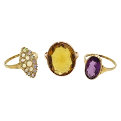  Amethyst 9ct gold ring hallmarked, 9ct rose gold (tested) citrine ring and a marquise opal set ring, hallmarked 9ct  