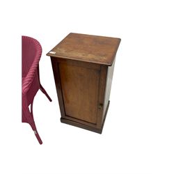 Victorian towel rail (W79cm), Victorian dressing table mirror, Lloyd Loom type armchair and linen basket, Victorian mahogany cupboard, an oak cupboard, and a late Victorian walnut centre table (7)