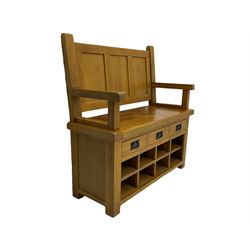 Light oak hall bench, tripled panelled back, fitted with drawers and shoe holes