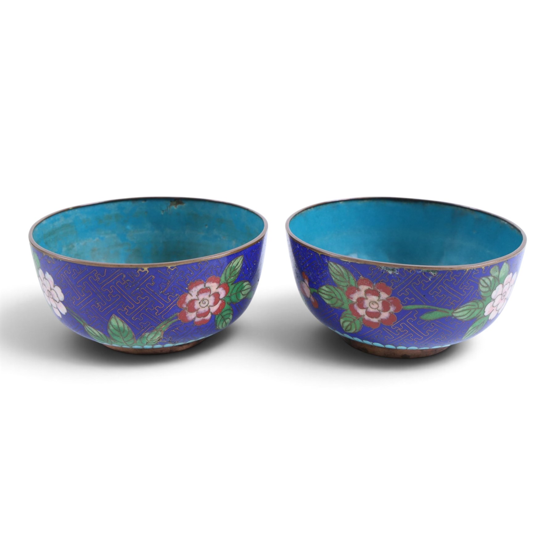 Pair of cloisonne bowls, decorated with flowers upon a blue ground, together with a pair of cloisonne pots, teapot and hot water pot