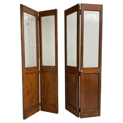 Two double pine room dividers or doors, frosted glass glazed with cube design over panels, in polish finish (74cm x 195cm each double total)