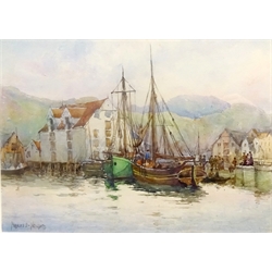  Fishing Boats at Dock, watercolour signed by Frances E Nesbitt (British 1864-1934) 24cm x 34cm  