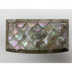 Victorian mother of pearl tea caddy, of rectangular bow-fronted form, the body with floral, bird and geometric engraved mother of pearl panels, white metal shield plaque to the cover inscribed with the initials G.J.A and similar escutcheon, the two division interior with ivory edging and two panelled mother of pearl lids, on four vegetable ivory bun feet L20cm, together with a similar style mother of pearl card case (2) This item has been registered for sale under Section 10 of the APHA Ivory Act