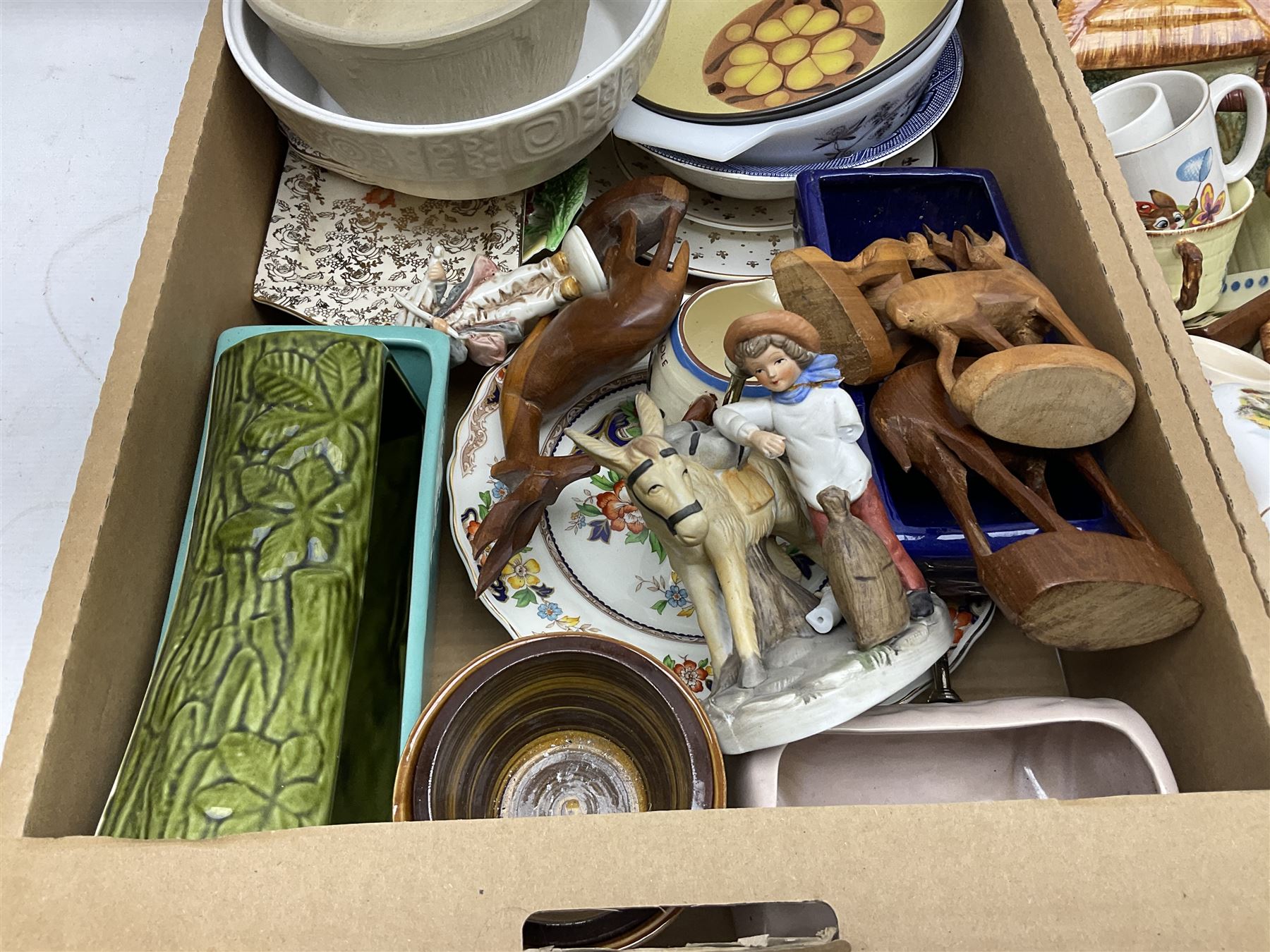 Two Poole Pottery dinner plates and a meat plate, four Copeland Spode Bermuda pattern dinner plates, Sadler jug, Keele St Pottery cottage tea wares, Torquay Motto ware, blue and white jug and bowl, two large planters and other ceramics, etc, in four boxes 