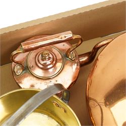 Large Victorian copper kettle, smaller kettle, brass trivet and a small brass preserve pan