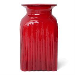 Orrefors glass vase of rectangular design etched with a sailing ship H19cm, Venetian beaker decorated with red and white enamelH15cm and two coloured glass vases