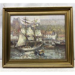 Donald Gray Midgely (British 1918-1995): 'Inca in Whitby Harbour', oil on canvas board signed, titled verso with artist's address label 44cm x 54cm 
Provenance: purchased directly from the artist by the vendor in 1984, original receipt verso