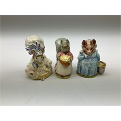 Fifteen Beswick Beatrix Potter figures, comprising Tommy Brock, The Old Woman who live in a Shoe, Samuel Whiskers, Foxy Whiskered Gentleman, Old Mr Brown, Mr Benjamin Bunny and Peter Rabbit, Tailor of Gloucester, Goody Tiptoes, Mr Benjamin Bunny, Diggory Diggory Delvet, Jemima Puddleduck, Aunt Pettitoes, Hunca Munca, Rebeccah Puddle-Duck, and Lady Mouse. 