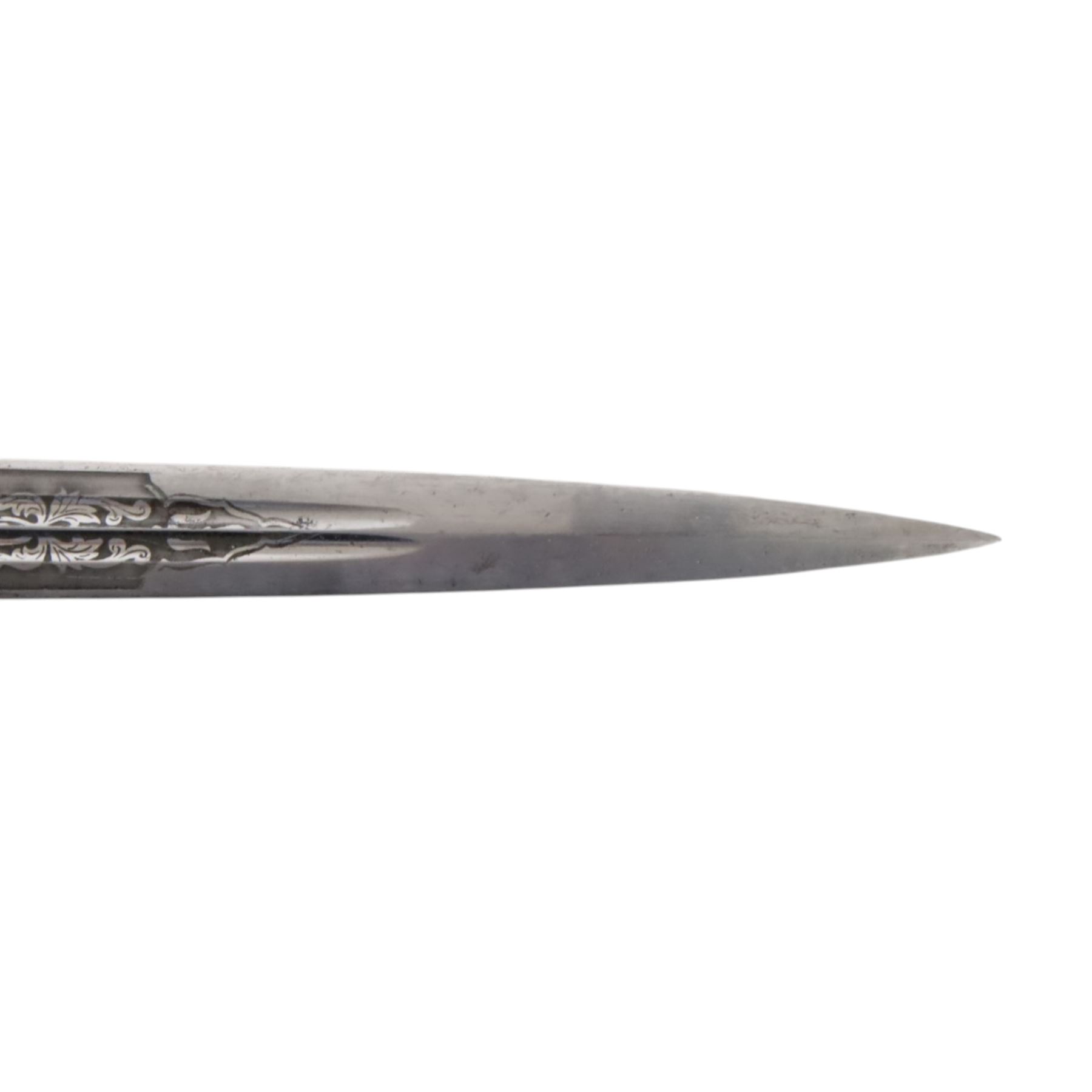 WWII Third Reich Kriegsmarine naval dirk, L25cm double fullered engraved blade, the ricasso marked Eickhorn, Solingen, ivorine celluloid handle and brass scabbard, L42cm